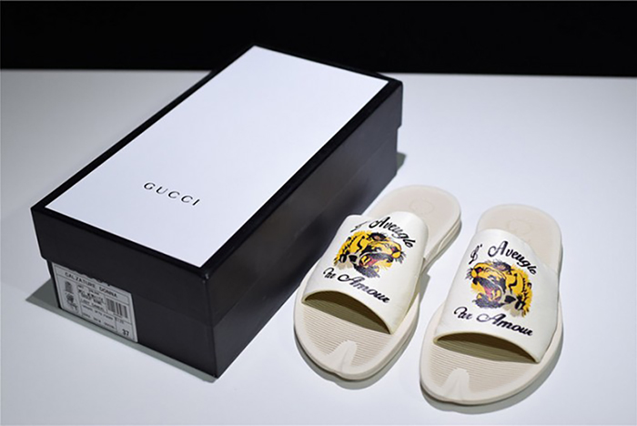 G*u*i leather slide sandal white with tiger womens 1k969e 3f7u f0089